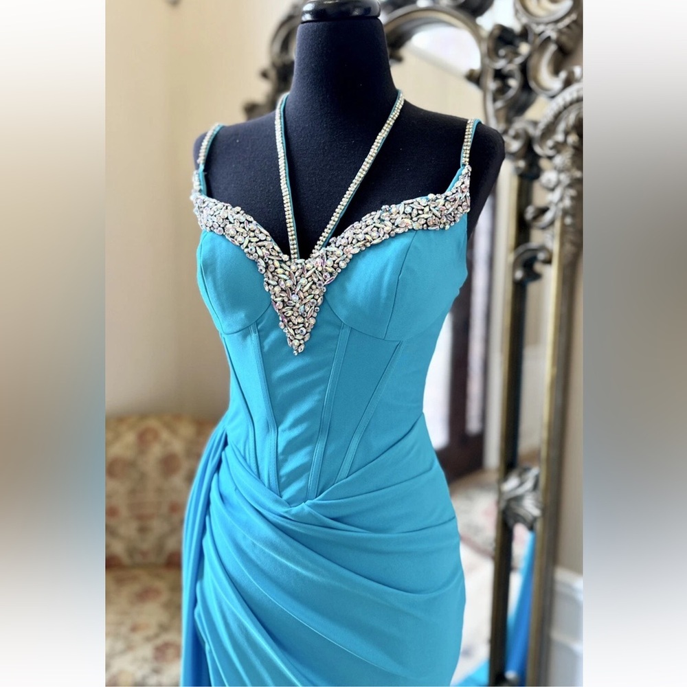 Portia and Scarlett Turquoise Blue Maxi Formal Evening Fitted Gown Size 4 - Picture 6 of 16